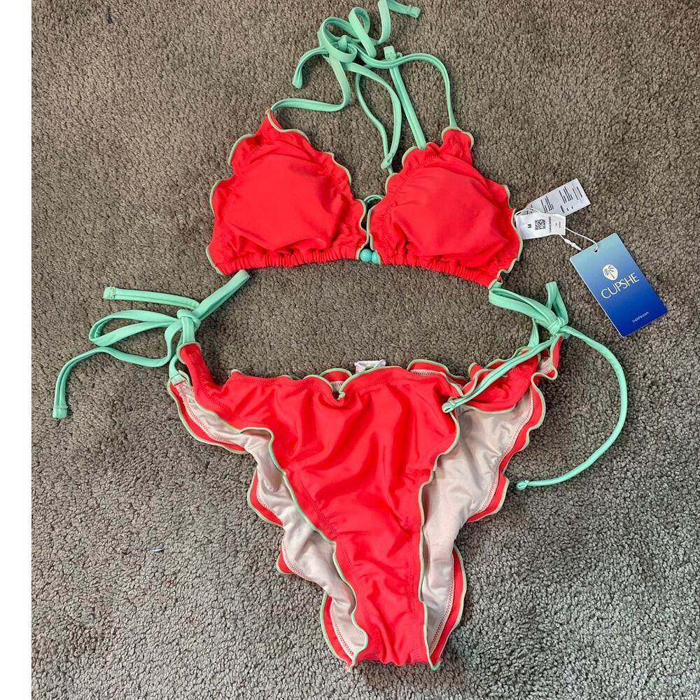 NWT Cupshe Coral Mint Ruffle Tie Bikini Set Top M Bottom L
